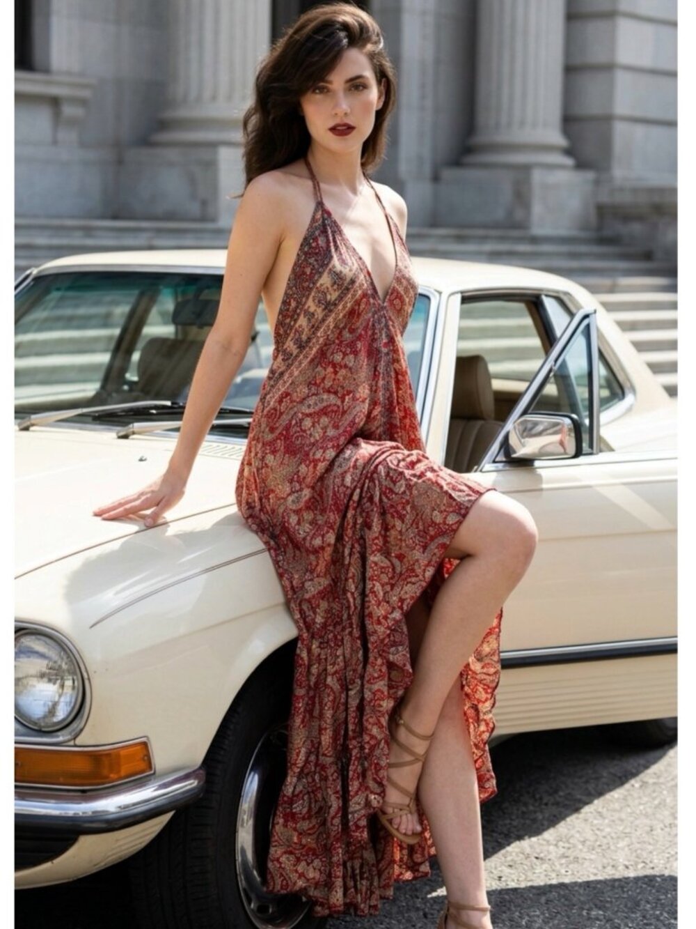 Silk Paisley Asymmetric Tiered Maxi Dress Sz S Babydoll Halter Open Back Flowy